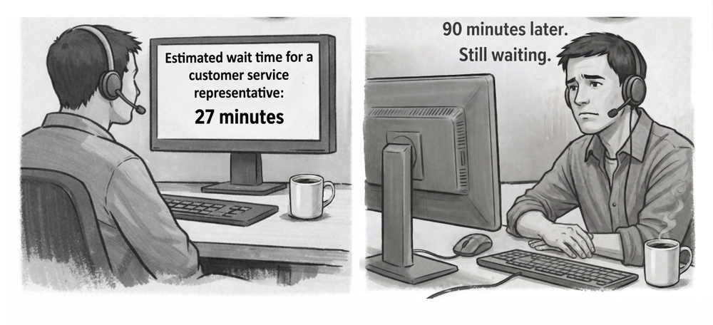 A two-panel illustration showing a wait estimate of 27 minutes, followed by the same person still waiting 90 minutes later.