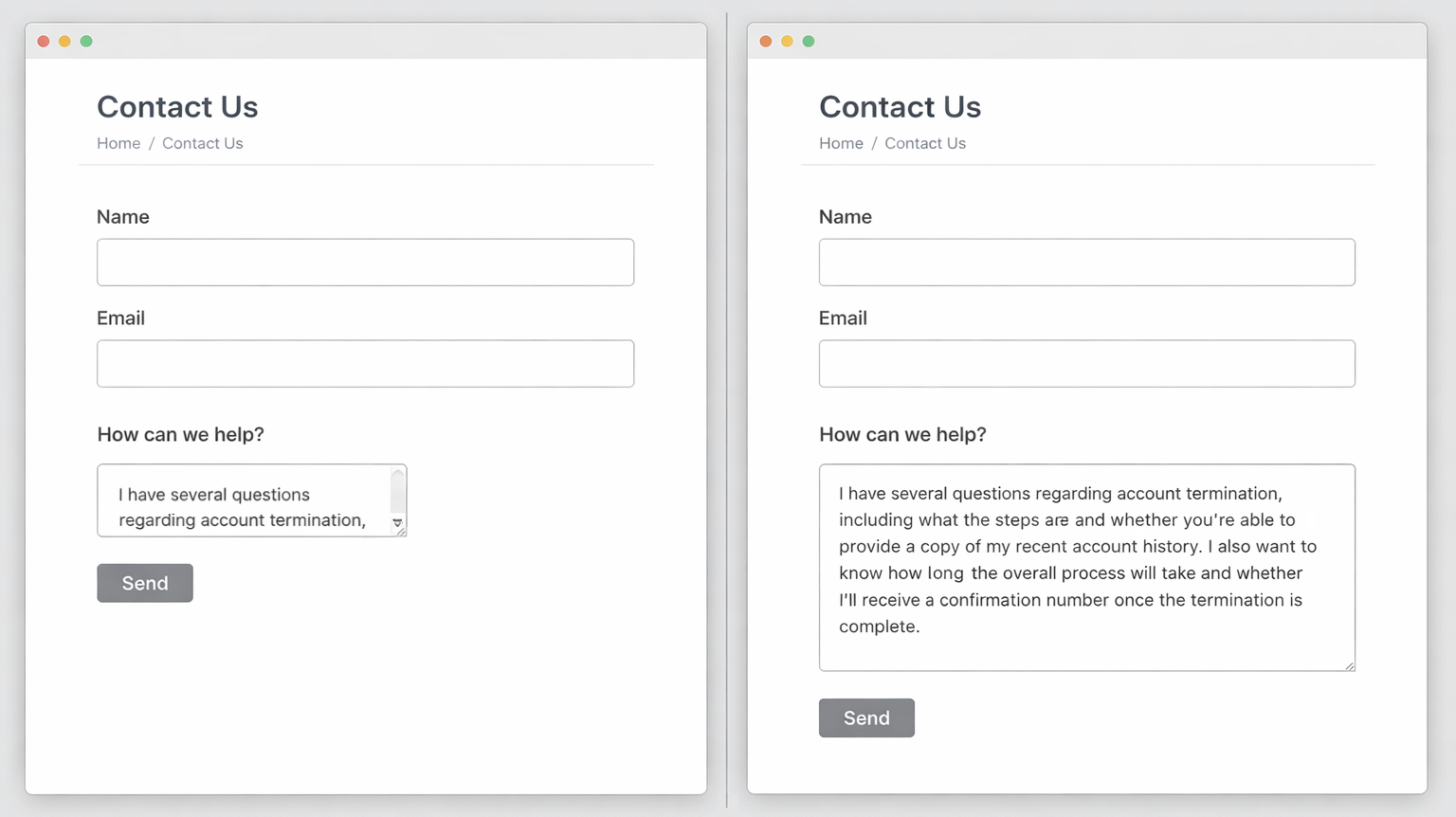 Comparison of two contact forms showing a textarea that is too small for a detailed message on the left and a properly sized textarea on the right