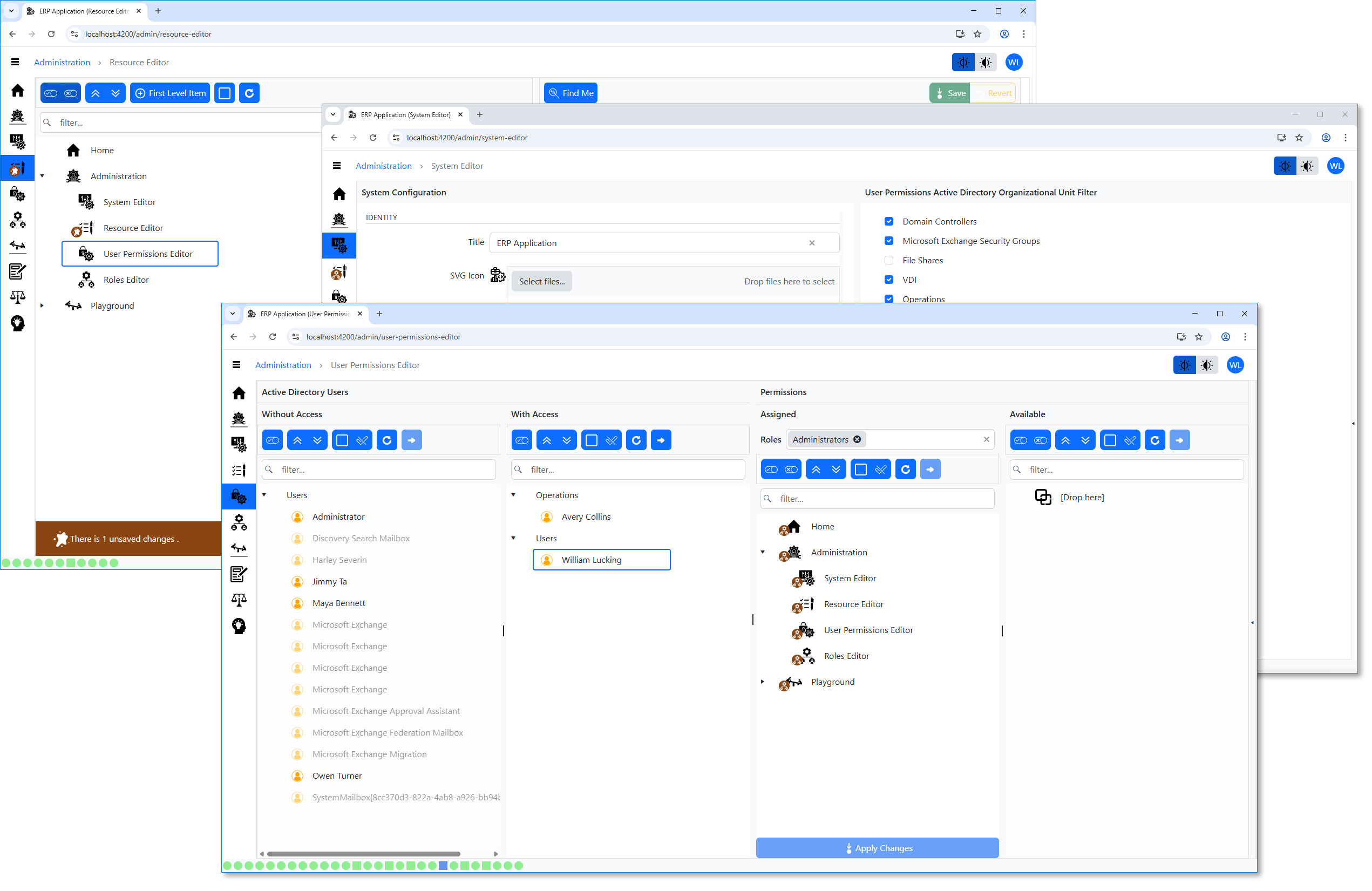 ERP Shell administrative interface in a demonstration implementation showing the User Permissions Editor, System Editor, and Resource Editor used to manage navigation resources, system configuration, and user access