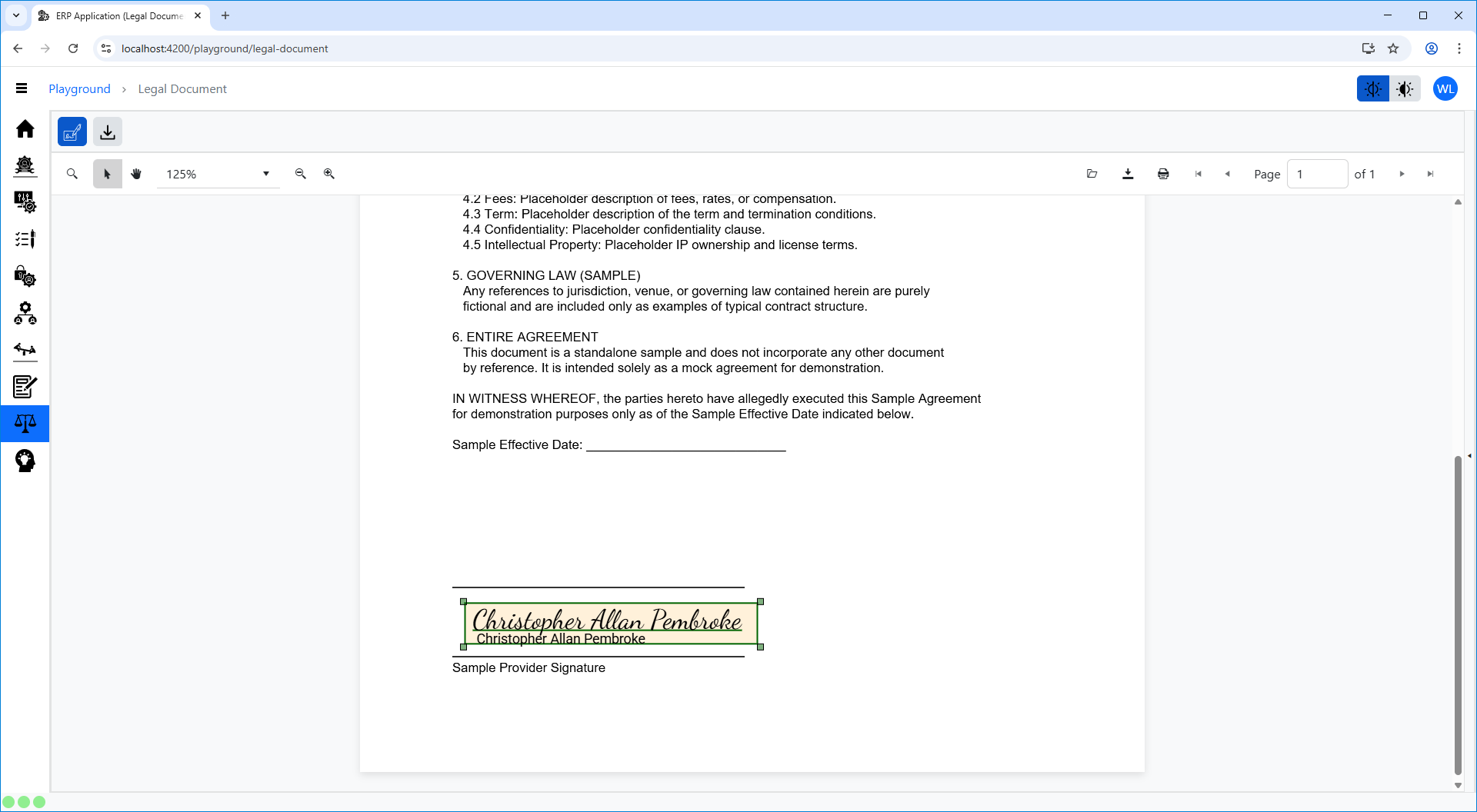 ERP Shell demonstration implementation showing a hosted document workflow with in-application document review and signature placement beyond the shell’s core navigation, permissions, and administrative functions.
